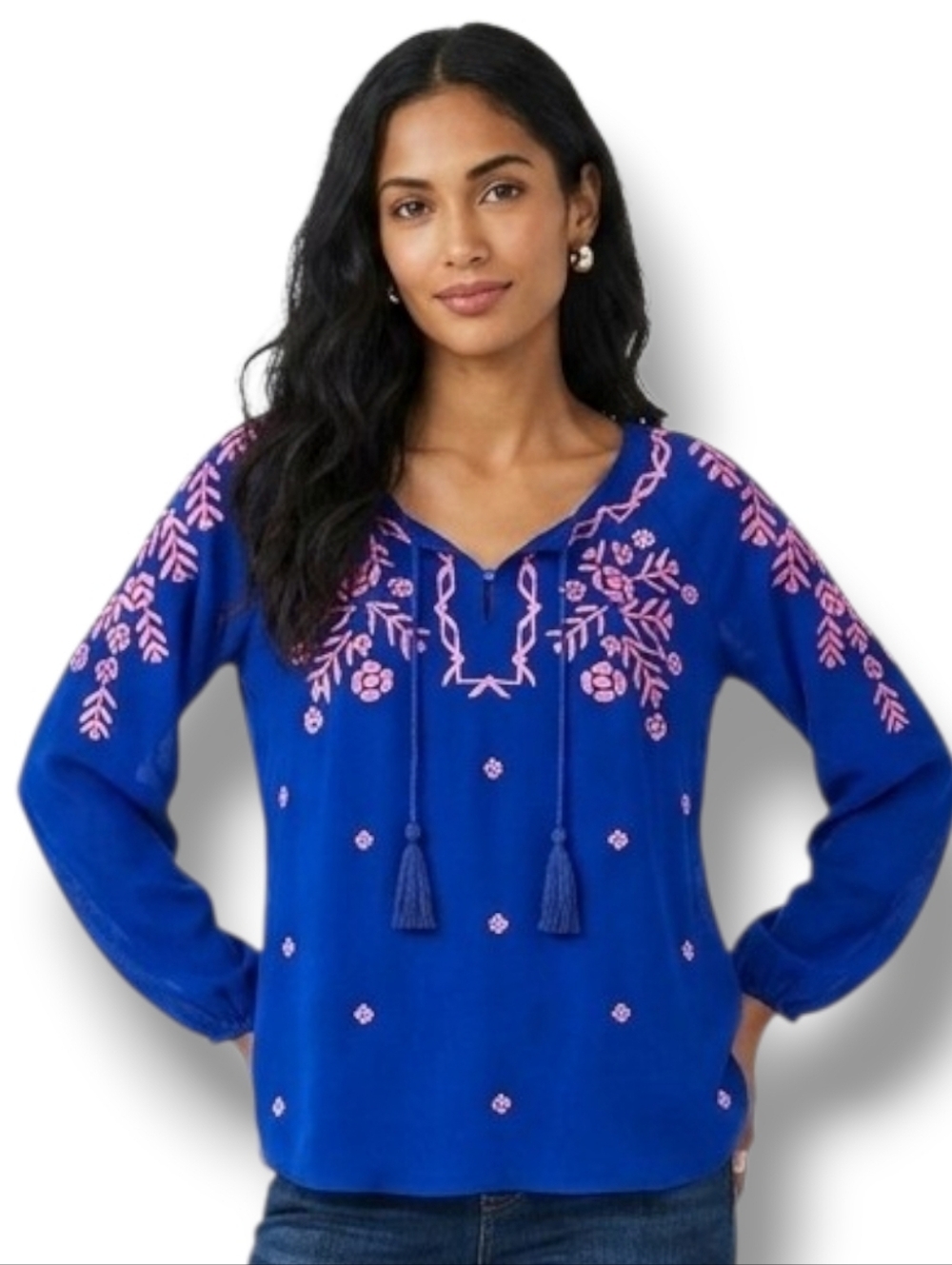 Rue 21 Women’s Blue Embroidered Boho Peasant Blouse Small Semi-Sheer Gently Used